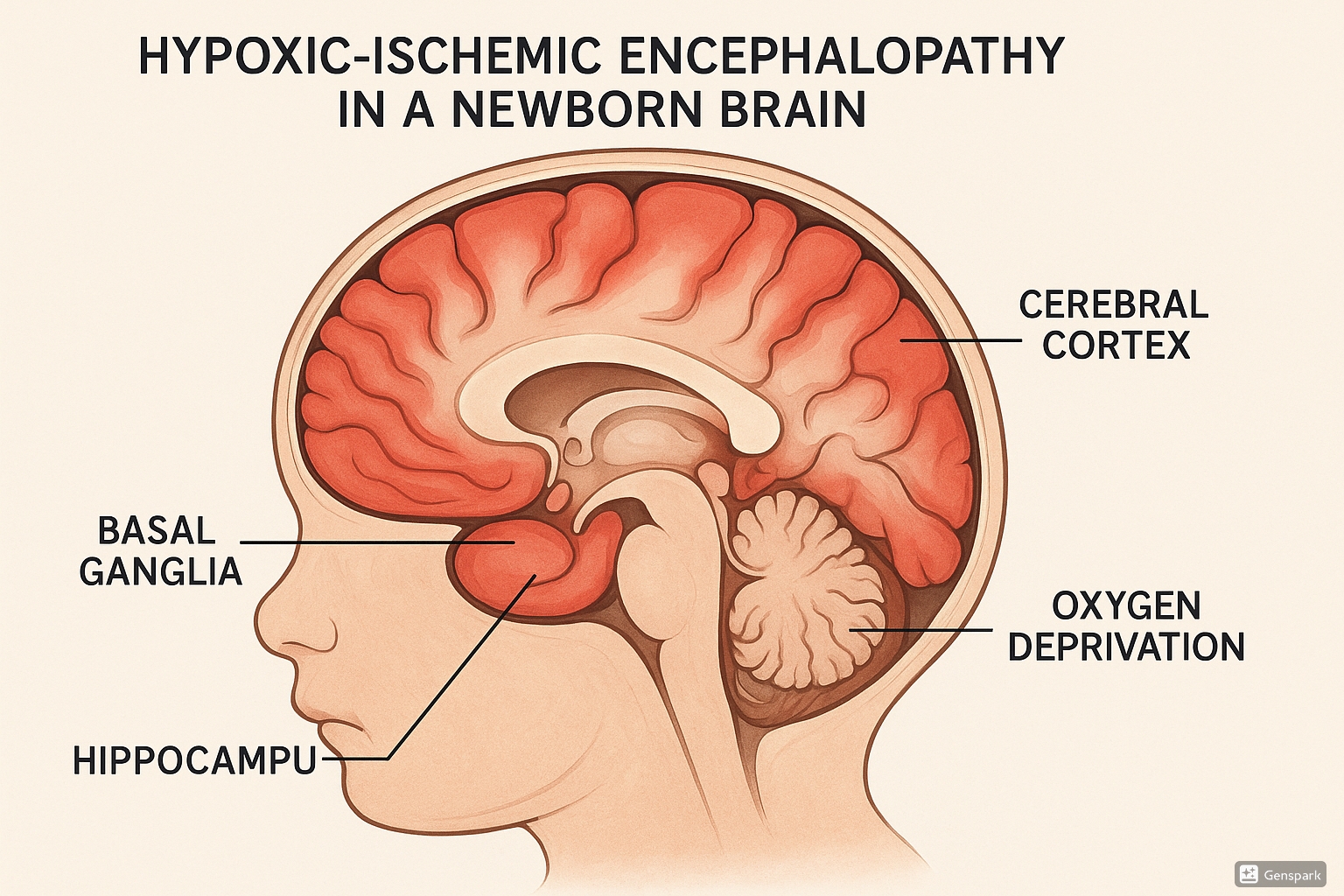 Hypoxic-Ischemic Encephalopathy in newborn brain showing affected areas