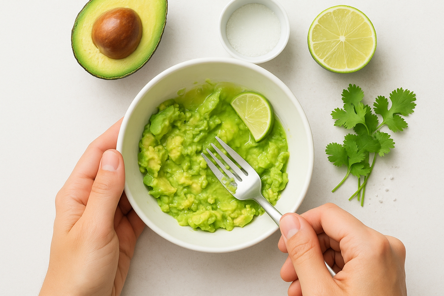 Overhead shot of hands mashing ripe avocado in a bowl with a fork