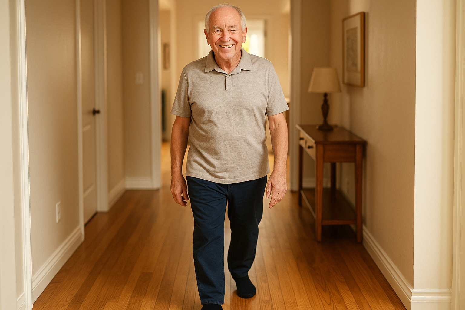 Senior man walking confidently with good balance