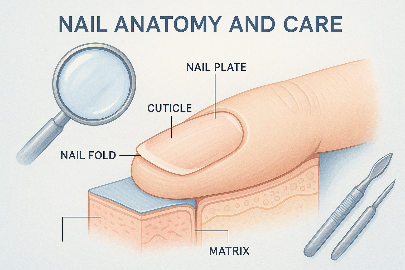 Educational illustration of nail anatomy and care for nursing students