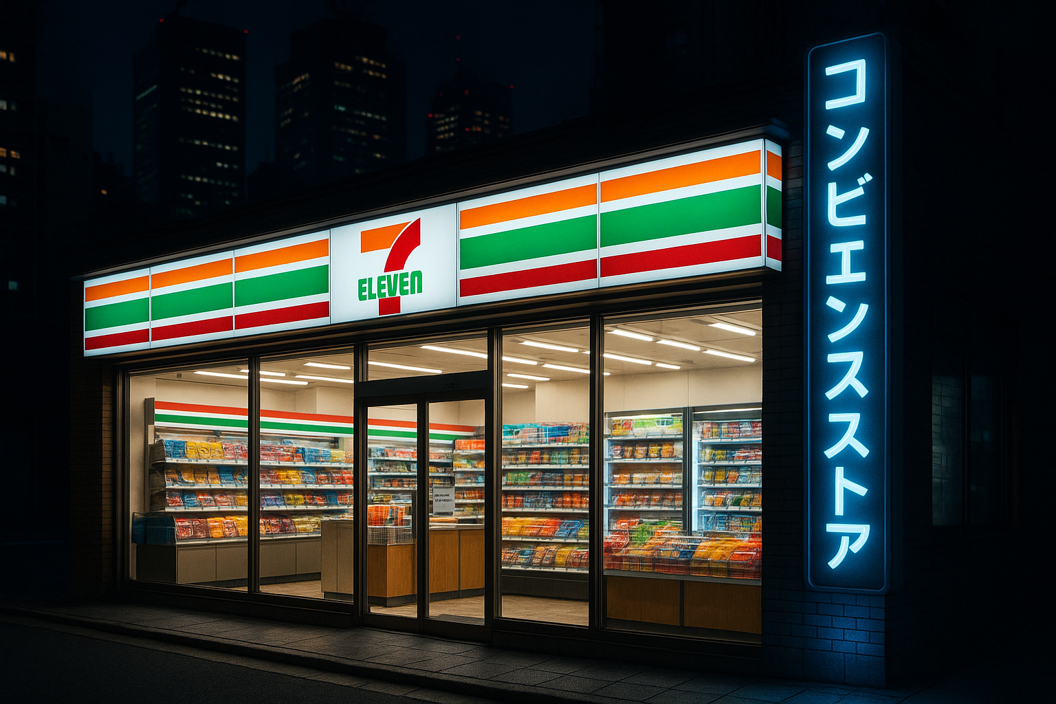 Modern Japanese convenience store exterior at night with bright neon signs