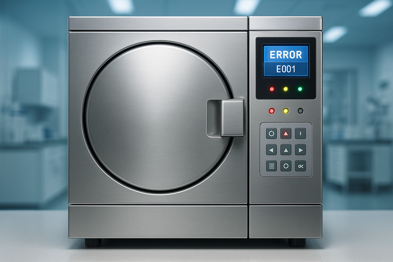 AUTOCLAVE MÉDICAL MODERNE EN ACIER INOXYDABLE AVEC PORTE FERMÉE ET PANNEAU DE CONTRÔLE DIGITAL, CODES D'ERREUR AFFICHÉS SUR ÉCRAN LCD, VOYANTS LED DE STATUT, LABORATOIRE HOSPITALIER PROFESSIONNEL, ÉCLAIRAGE TECHNIQUE, VUE FRONTALE, QUALITÉ PHOTOGRAPHIQUE HAUTE RÉSOLUTION