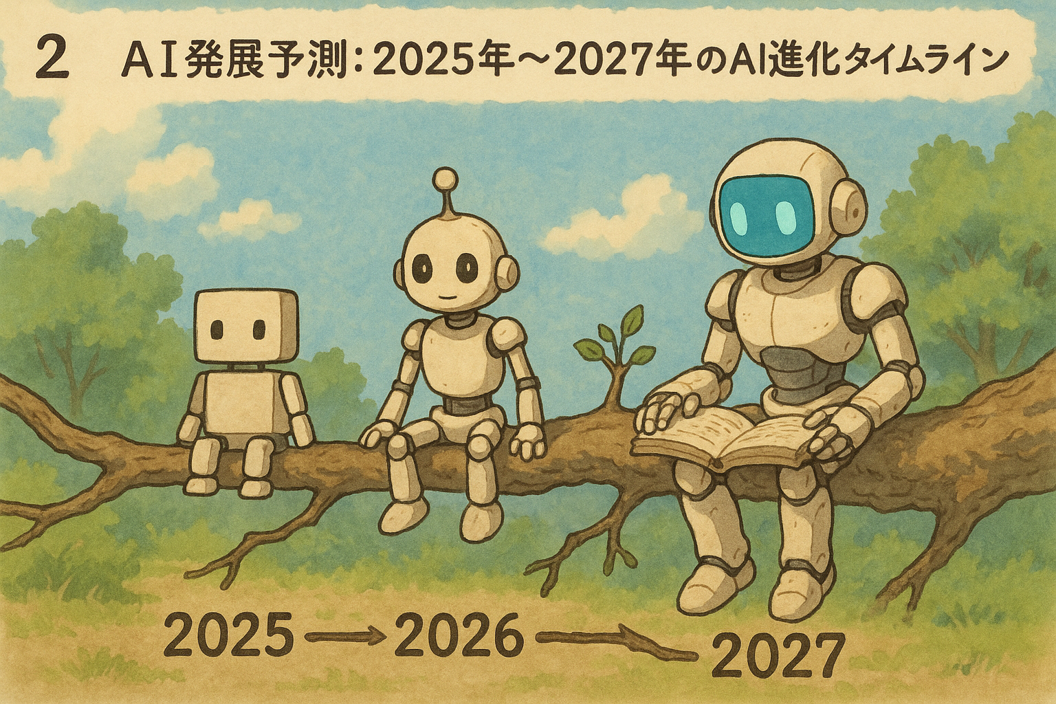 スライド2: AI発展予測: 2025年〜2027年のAI進化タイムライン