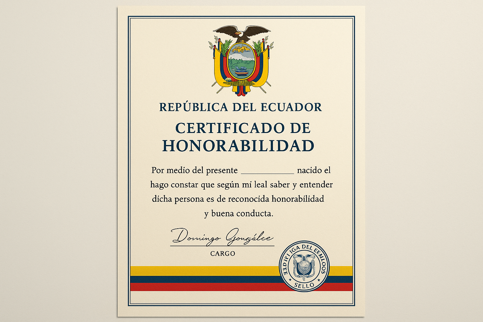 Ejemplo de certificado de honorabilidad Ecuador con diseño oficial