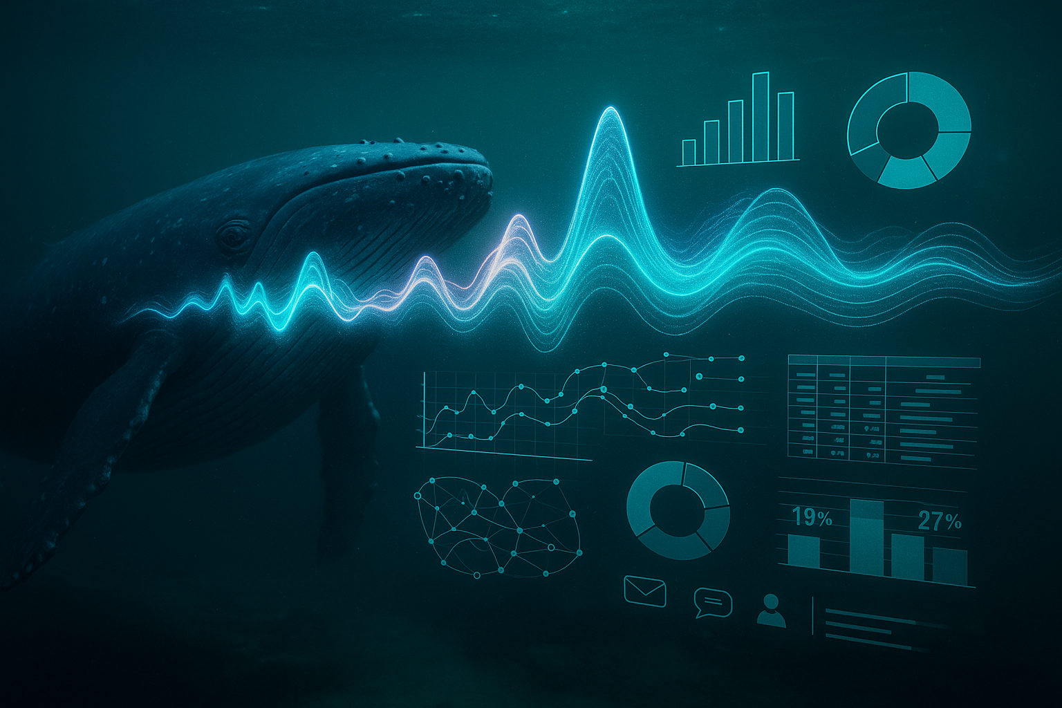 Whale songs as glowing sound waves transforming into customer data streams and business intelligence