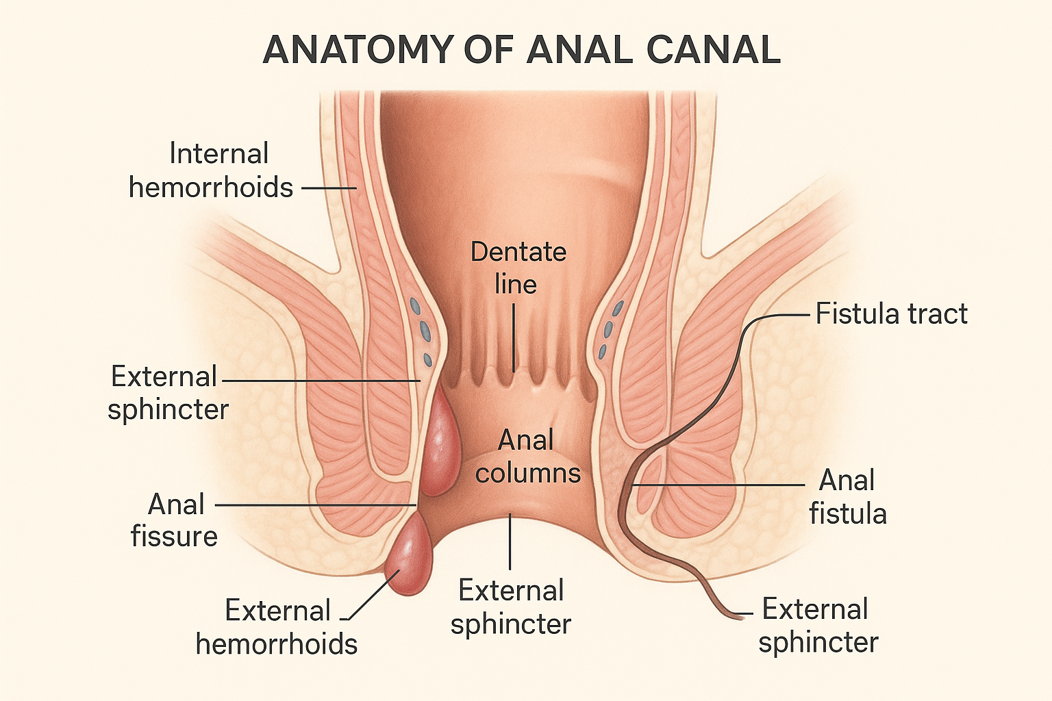 Anatomical illustration showing hemorrhoids, fissures, and fistulas