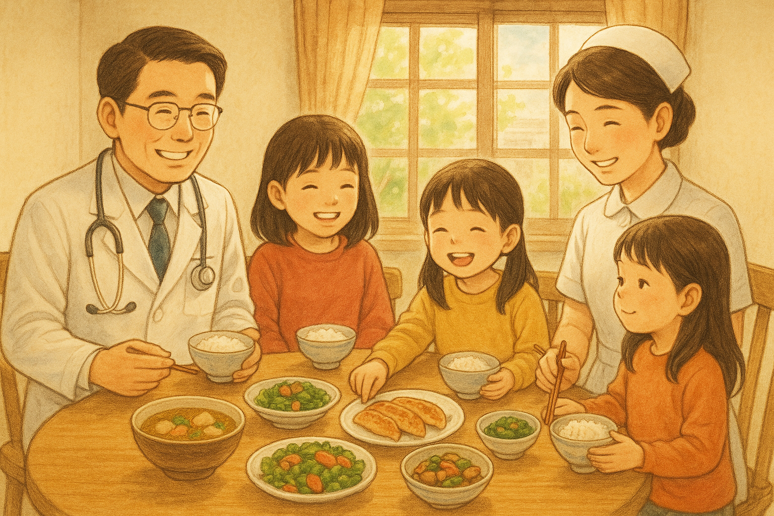 温かな家庭の食卓を囲む河合家の家族