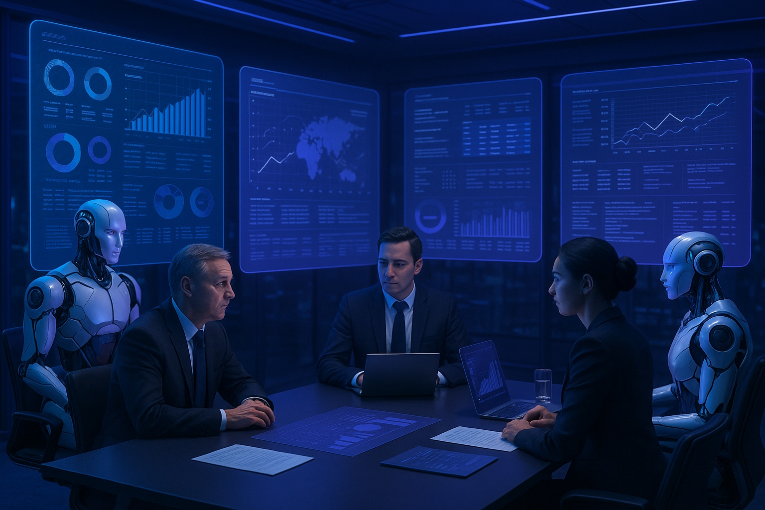 Sala de reuniones futurista con ejecutivos y asistentes robóticos