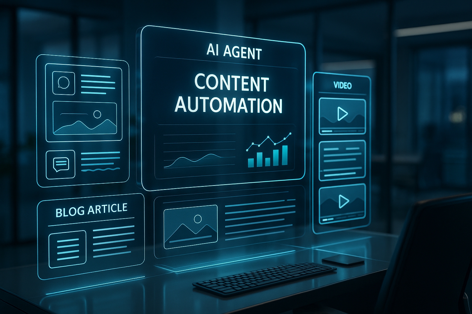 Futuristic AI agent interface showing content automation dashboard with holographic displays generating social media posts, blog articles, and video thumbnails simultaneously