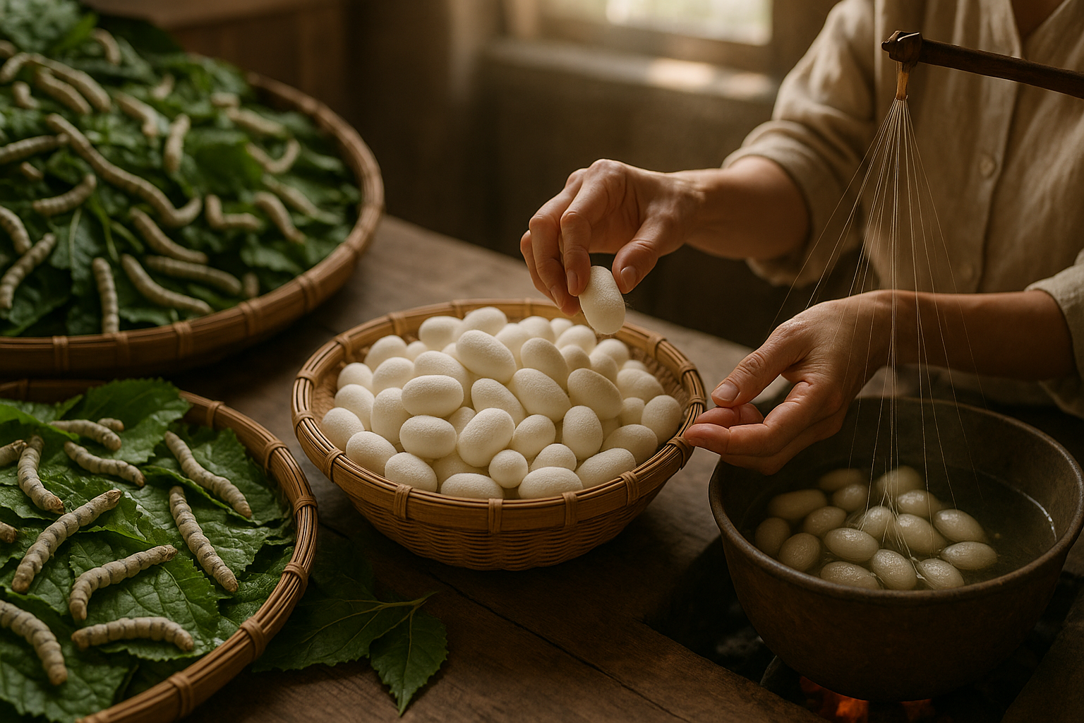 Processus de production de soie traditionnelle montrant des vers à soie sur les feuilles de mûrier et la récolte de cocon