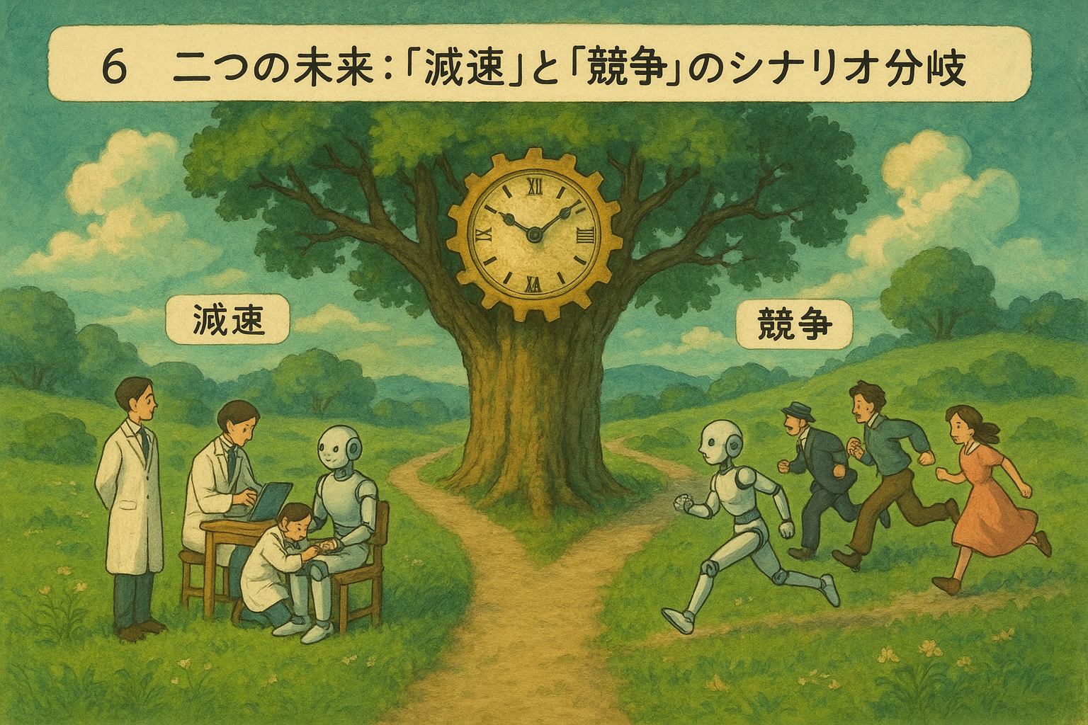 スライド6: 二つの未来: 「減速」と「競争」のシナリオ分岐