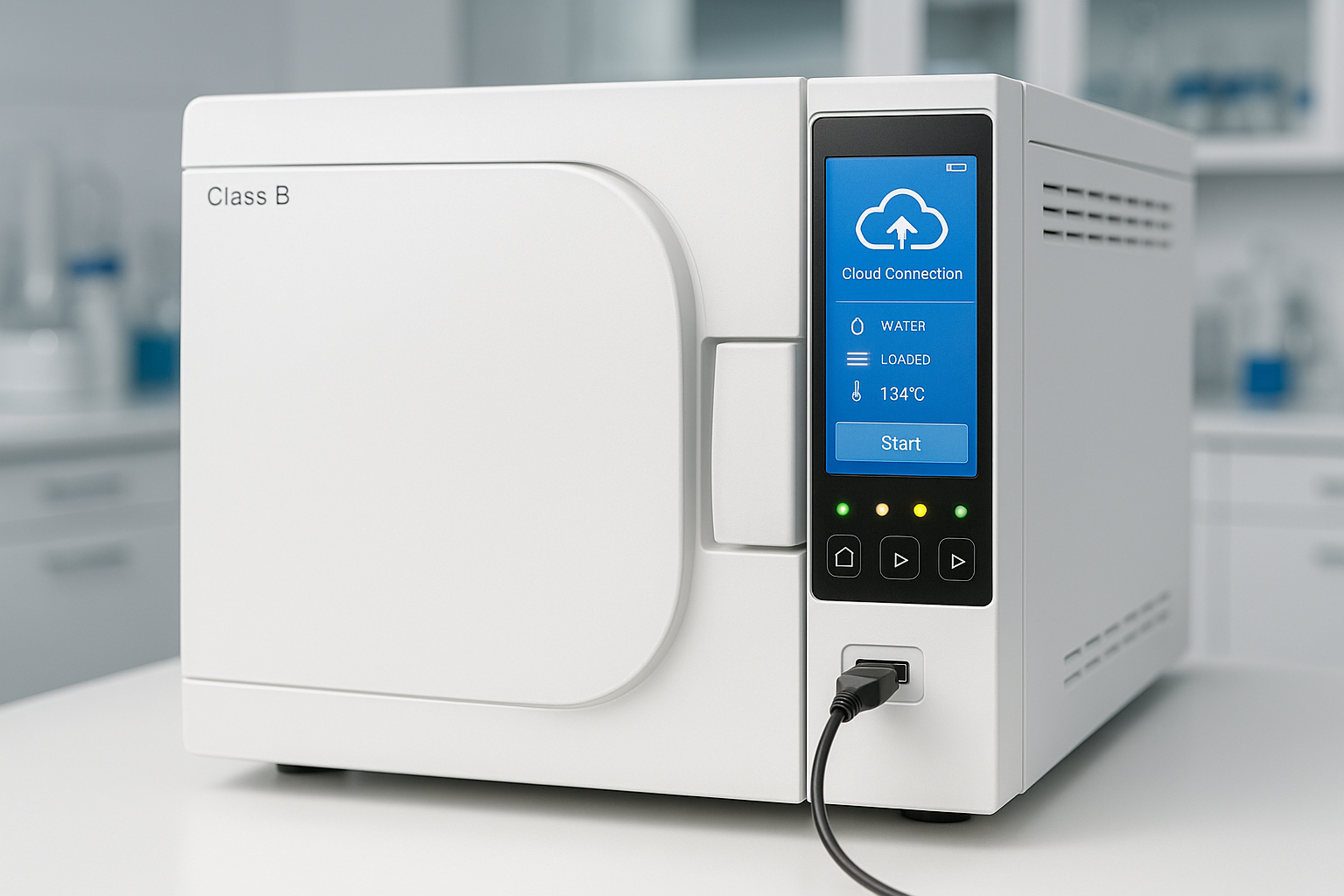 AUTOCLAVE MÉDICAL CLASSE B MODERNE AVEC ÉCRAN TACTILE DIGITAL, PORT USB VISIBLE EN FAÇADE, CÂBLE USB CONNECTÉ, INTERFACE UTILISATEUR AFFICHANT &QUOT;CLOUD CONNECTION&QUOT;, PANNEAU DE CONTRÔLE SOPHISTIQUÉ AVEC VOYANTS LED, LABORATOIRE MÉDICAL PROFESSIONNEL, QUALITÉ PHOTOGRAPHIQUE ULTRA HAUTE RÉSOLUTION 4K
