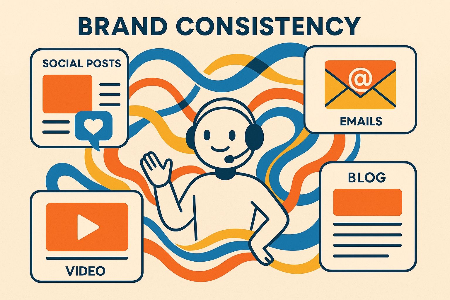 Abstract representation of brand consistency showing AI agent maintaining unified brand voice across social posts, emails, videos, and blogs with consistent visual elements