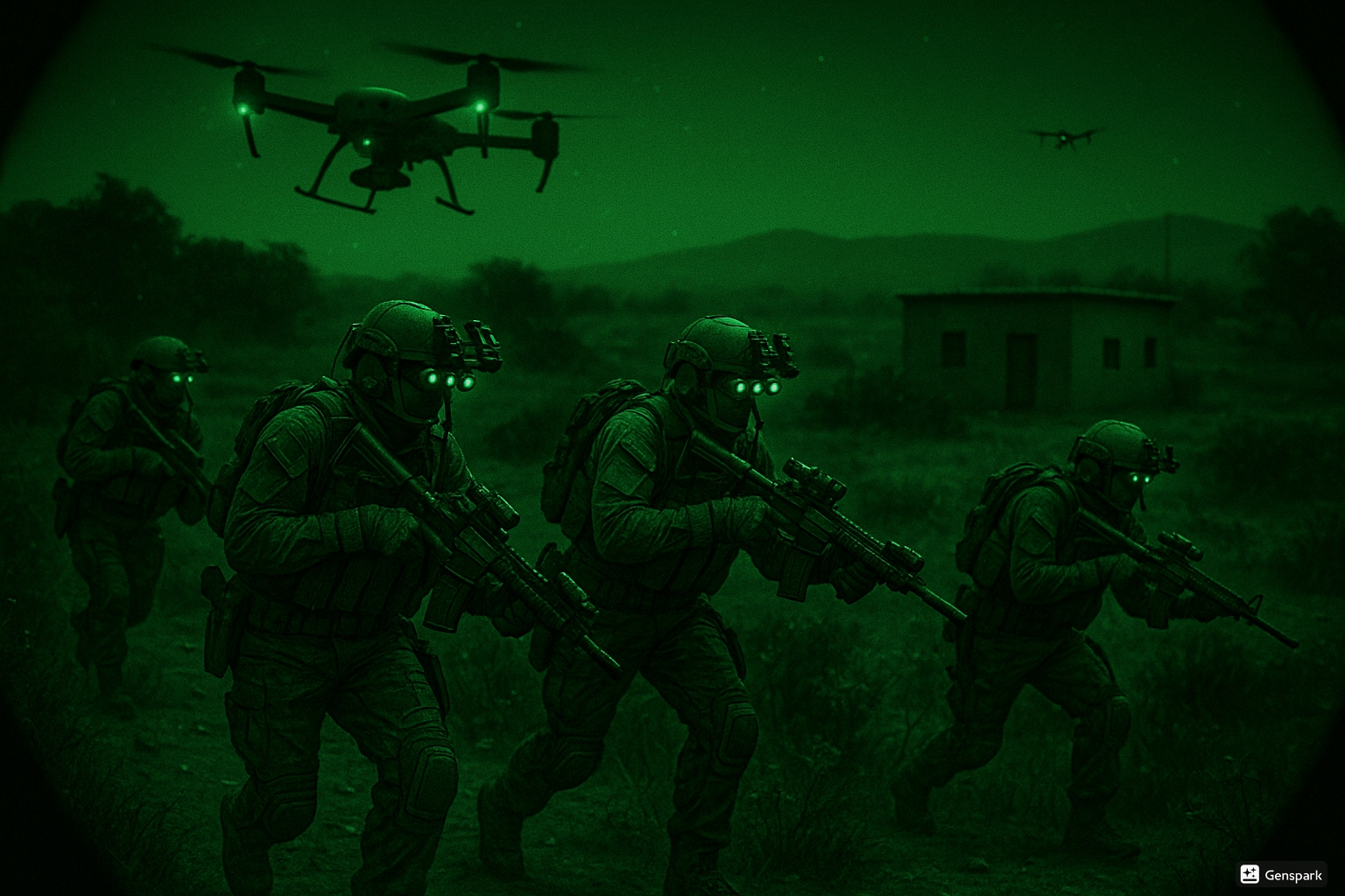 Night vision aerial view of Indian Special Forces team conducting a covert operation near the India-Pakistan border