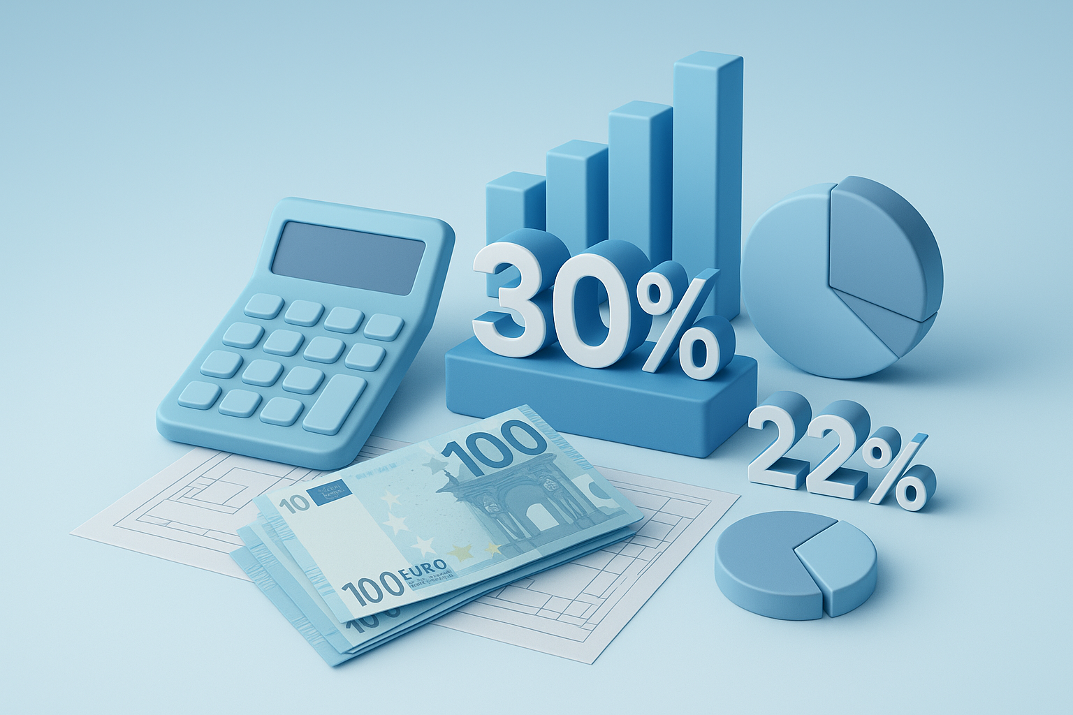 Composition financière 3D avec calculatrice et graphiques en style cohérent