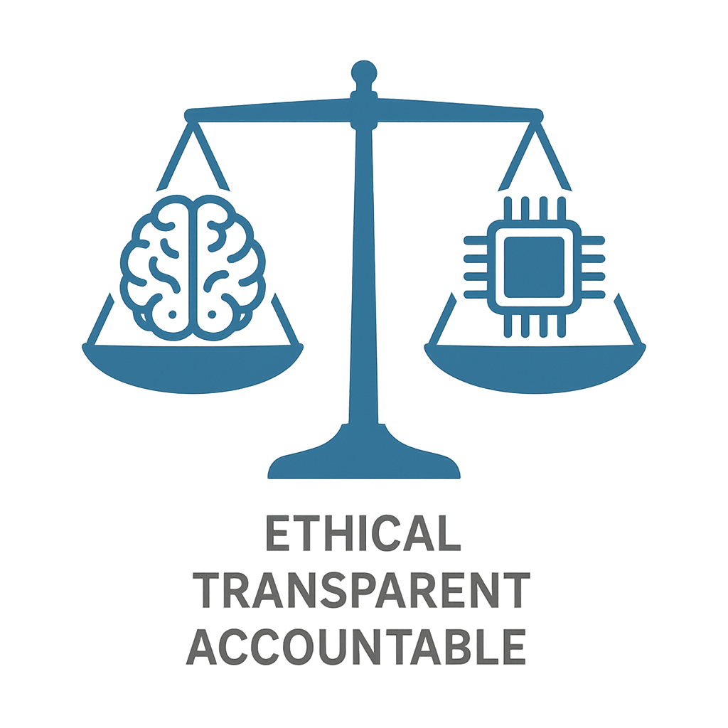 A stylized illustration of a balance scale with a human brain on one side and a microchip on the other, symbolizing the equilibrium between human intelligence and artificial intelligence. The image is rendered in glowing blue tones against a dark background, emphasizing harmony and thoughtfulness. Below the scale, the words "ETHICAL," "TRANSPARENT," and "ACCOUNTABLE" are displayed in bold, uppercase letters, highlighting core values essential when using AI tools in academic research—especially in literature reviews where integrity and accuracy are paramount.