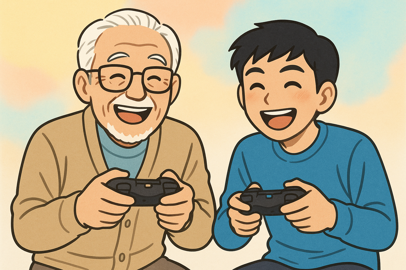 おじいちゃんと中学生の孫が一緒にゲームを楽しんでいる現代的なコミュニケーションの様子
