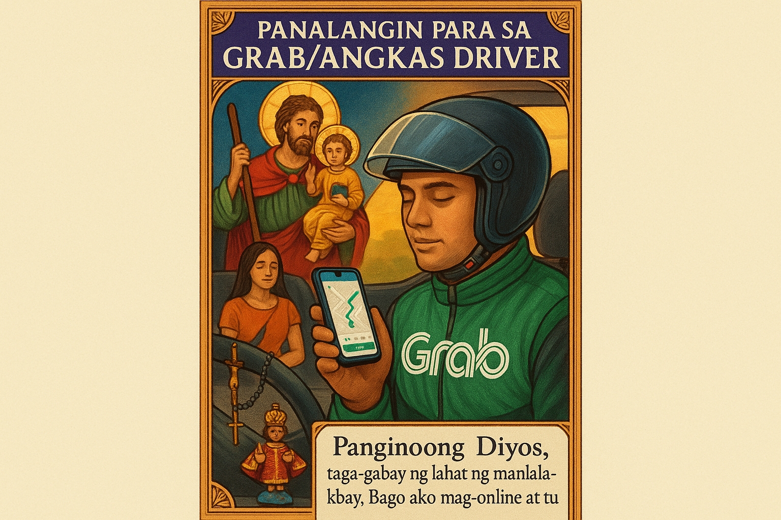 Filipino Catholic prayer card titled 'Panalangin Para sa Grab/Angkas Driver' showing ride-hailing driver with smartphone app and passenger. Features San Cristobal patron saint, Santo Niño dashboard figure, and rosary on mirror with Tagalog prayer addressing traffic, passenger interactions and safety concerns in Grab's signature green colors.