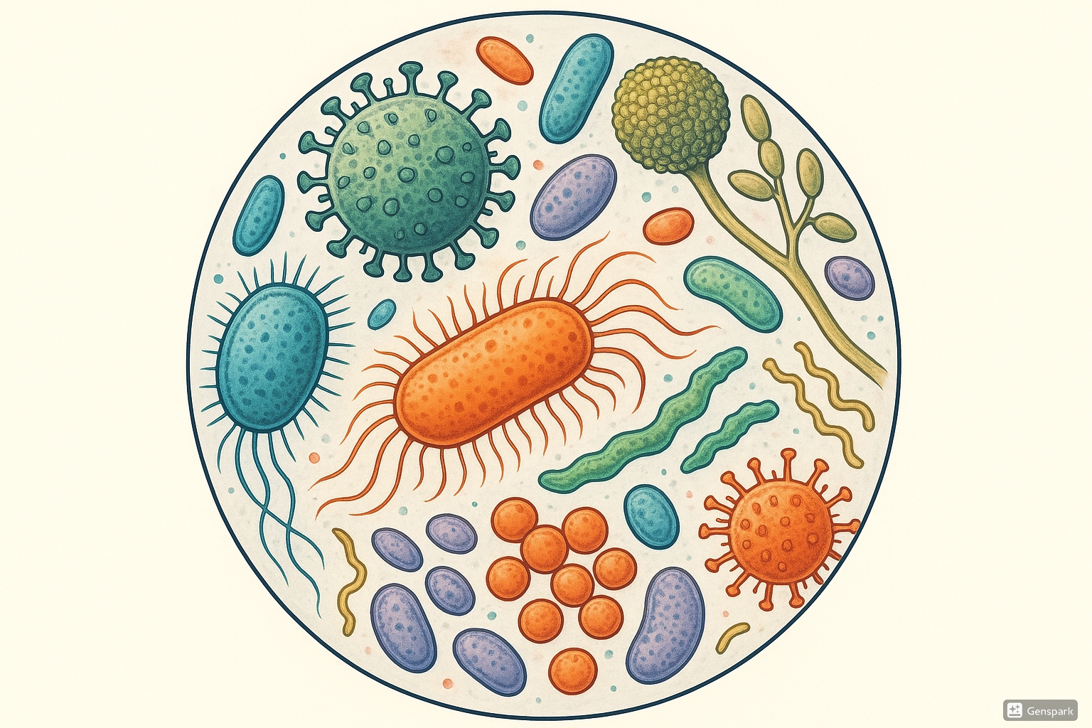 Various microbes under microscope view showing bacteria, viruses, and fungi with visible cellular structures