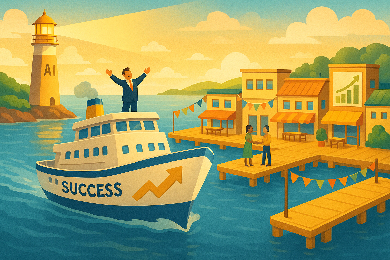 Triumphant illustration of business vessel reaching safe harbor with AI lighthouse guidance, celebrating transformation success