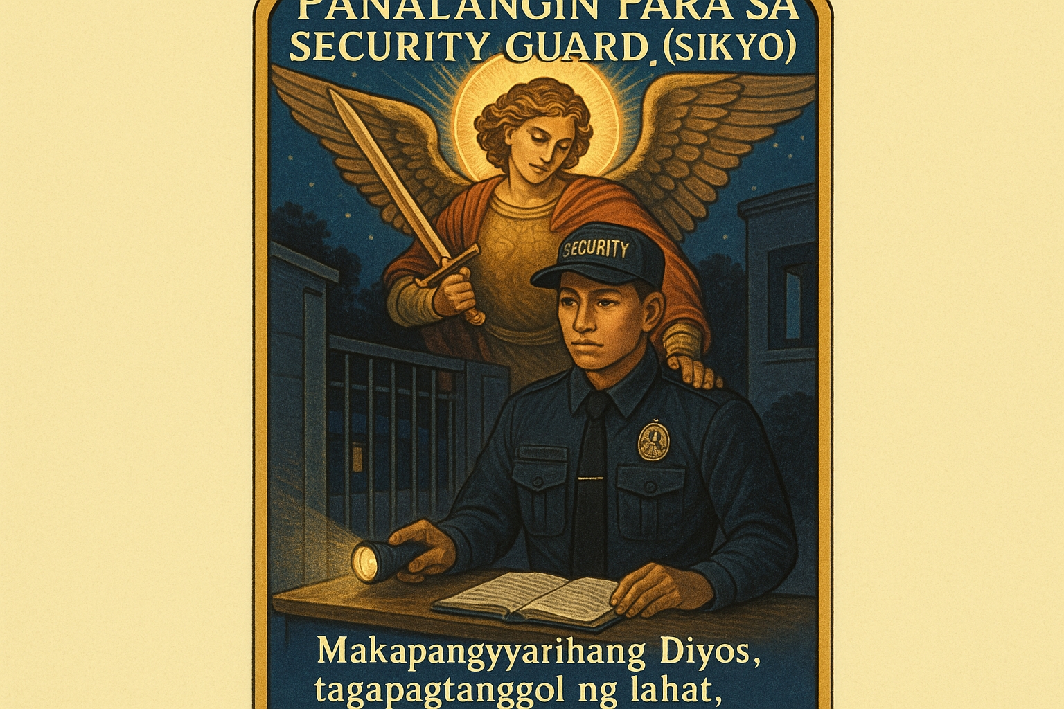 Filipino Catholic prayer card titled "Panalangin Para sa Security Guard (Sikyo)" showing a security guard in uniform at his post with logbook and flashlight.