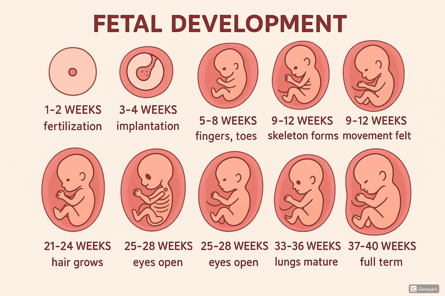 Stages of fetal development from weeks 1-40 showing key developmental milestones
