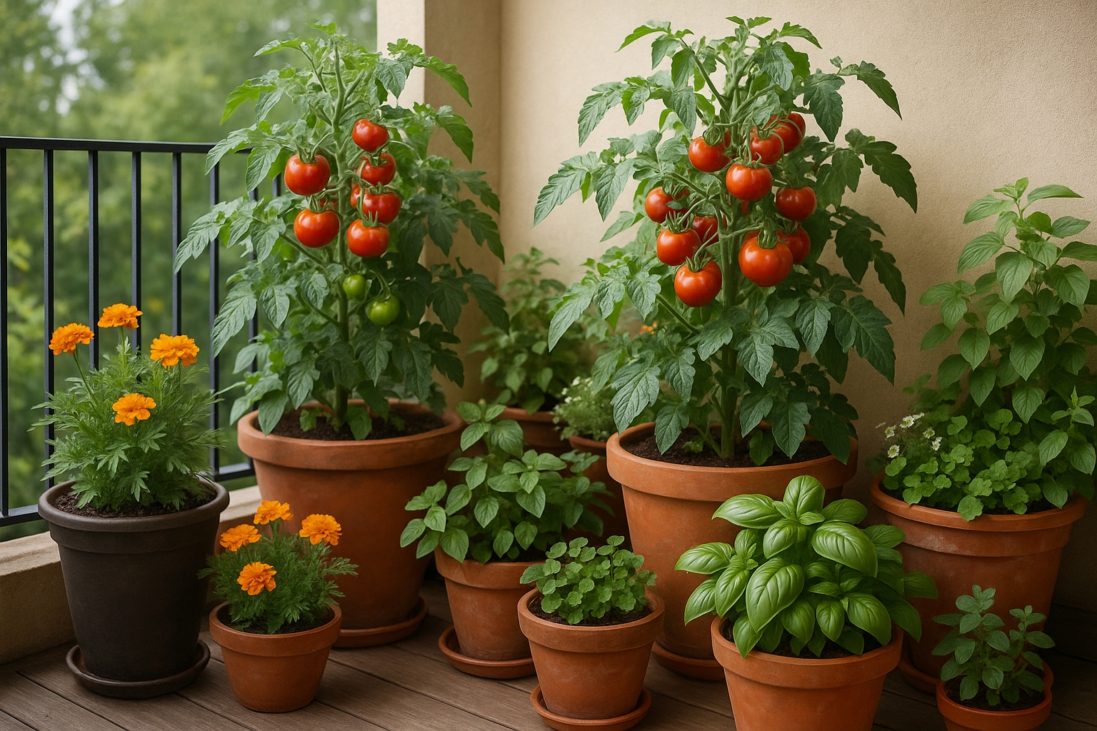 Arrangement harmonieux sur un balcon montrant des tomates cultivées en association avec du basilic, des œillets d'Inde et d'autres plantes compagnes dans des pots de différentes tailles