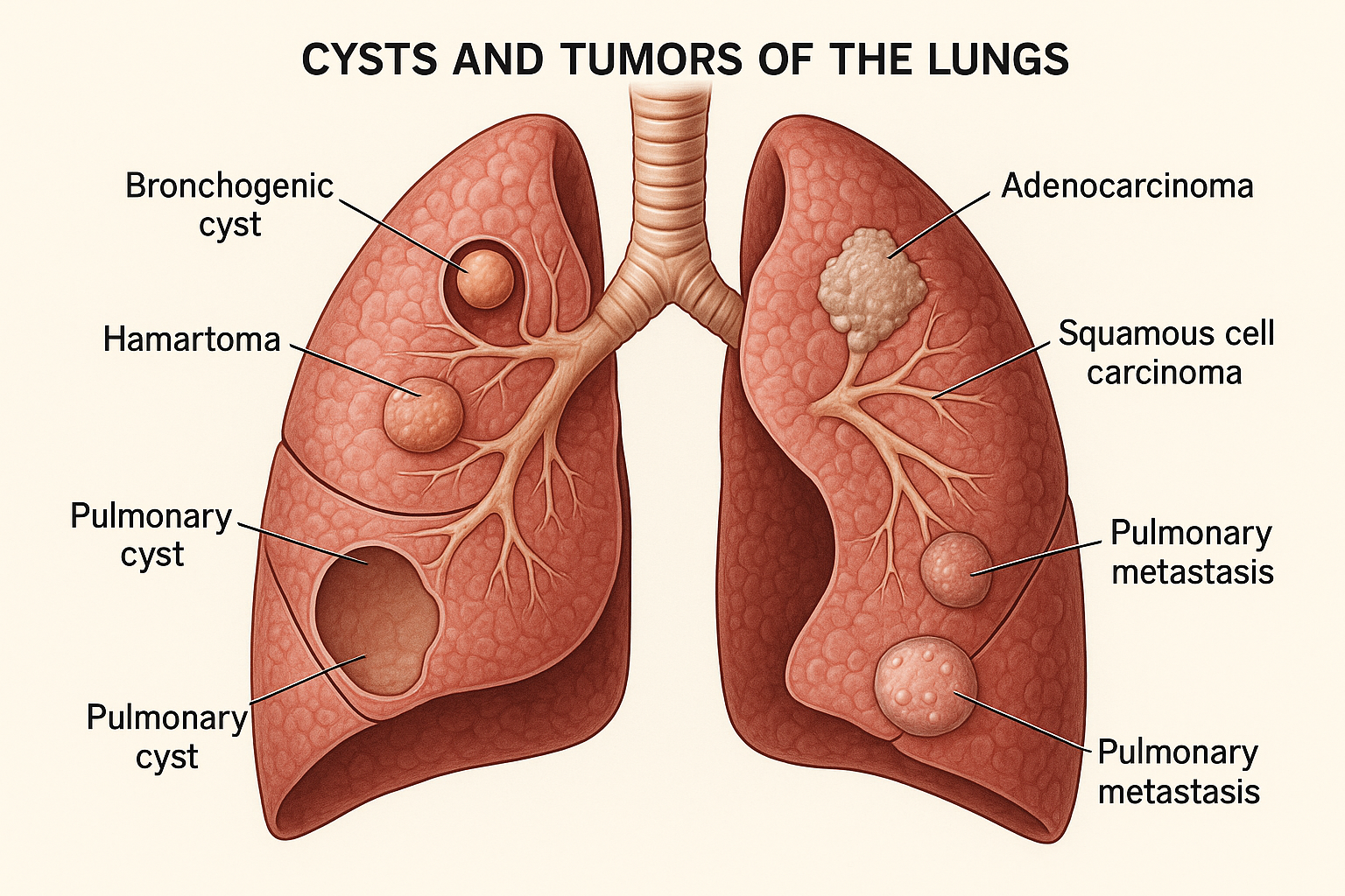 Medical illustration of lung cysts and tumors
