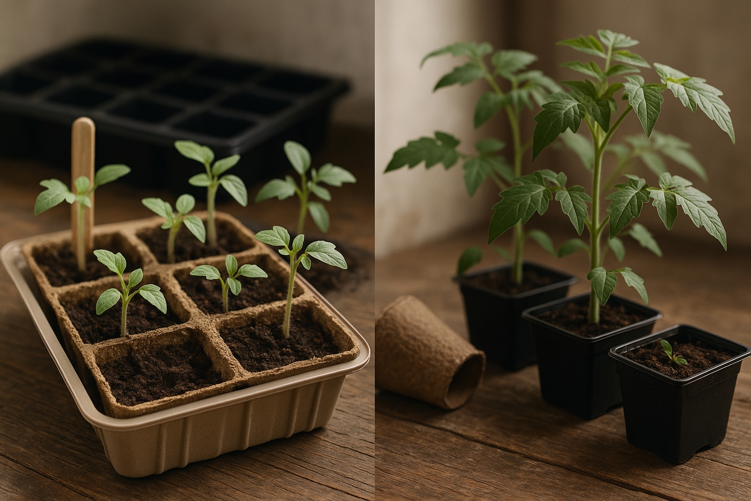 Comparaison côte à côte entre des semis de tomates réalisés en intérieur et des plants déjà bien formés prêts à être repiqués, avec matériel de semis et godets