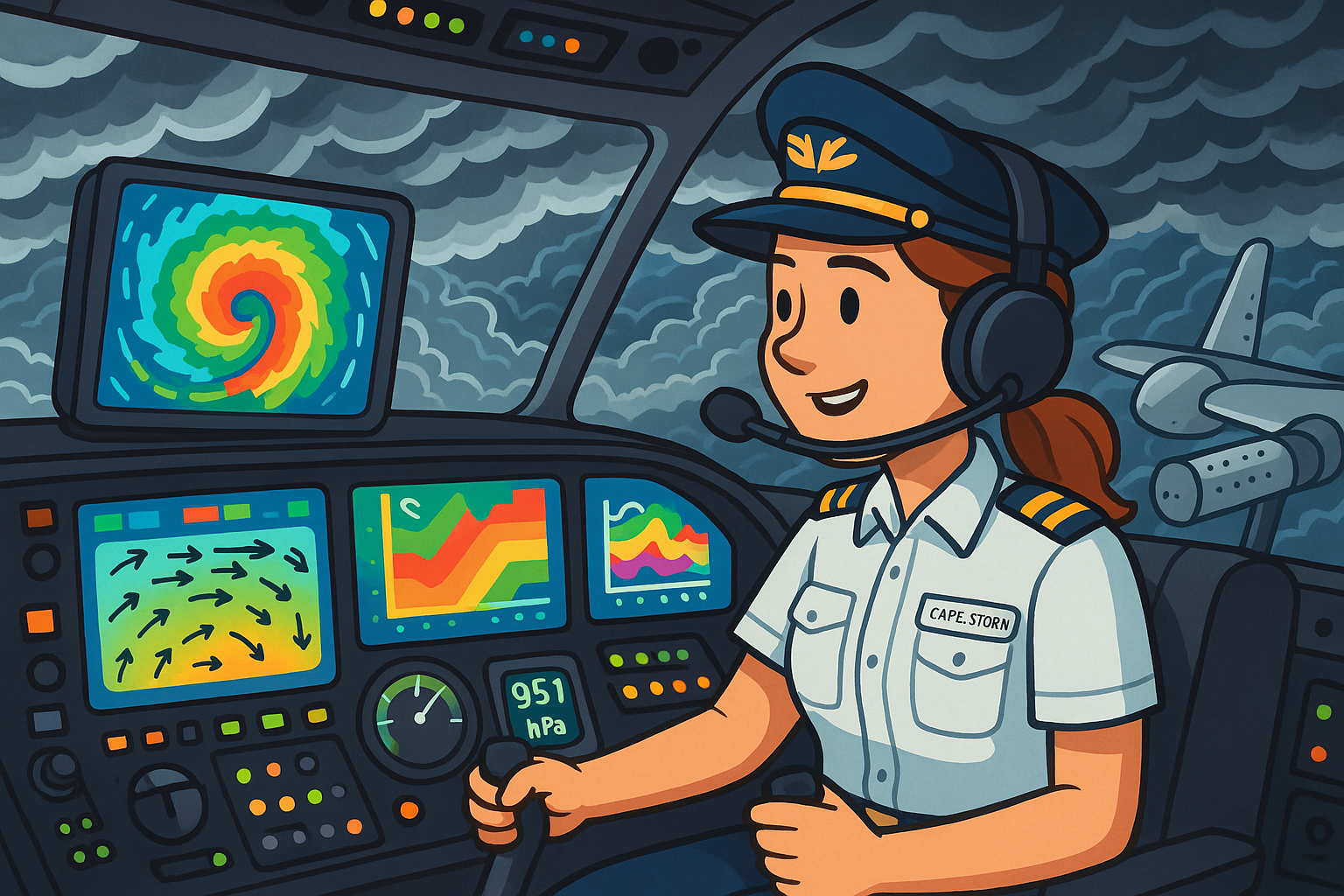 Captain Storm collecting weather data while flying through the storm