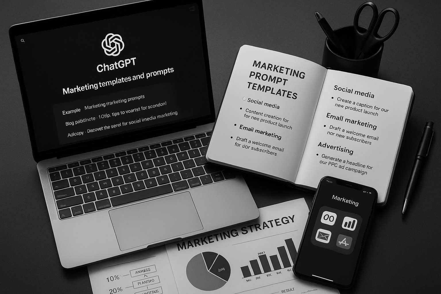 ChatGPT prompts for marketing - professional workspace with marketing templates, automation tools, and strategic planning materials