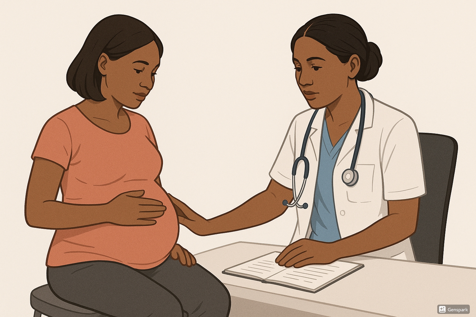 Professional community health nurse midwife helping pregnant woman during antenatal checkup