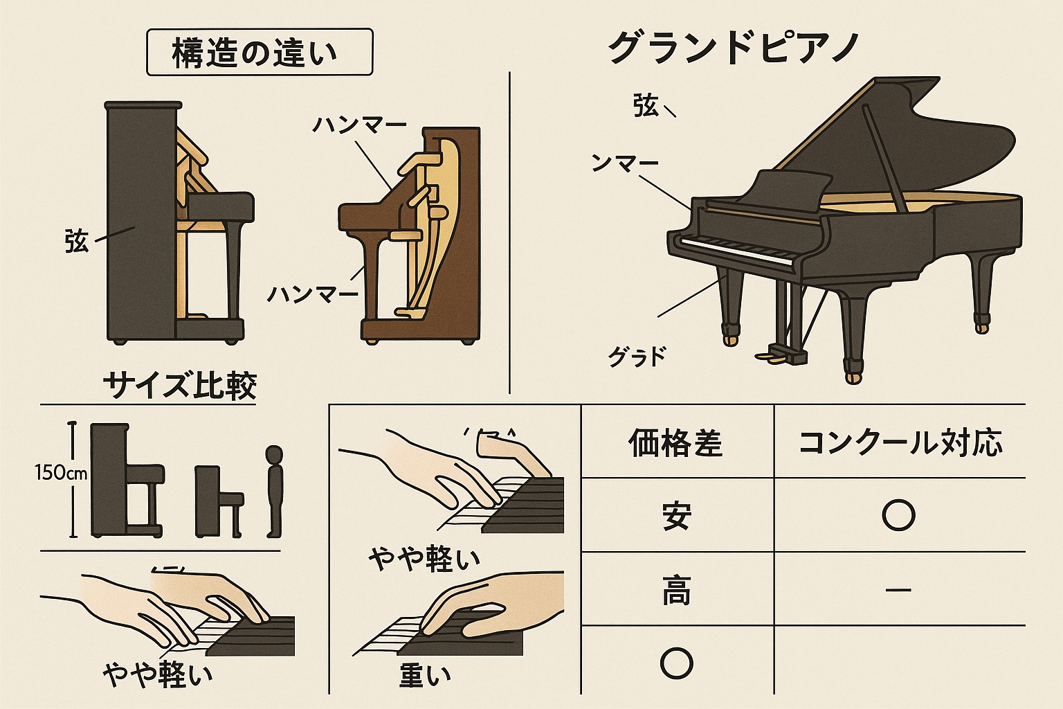 アップライトピアノとグランドピアノの比較図解