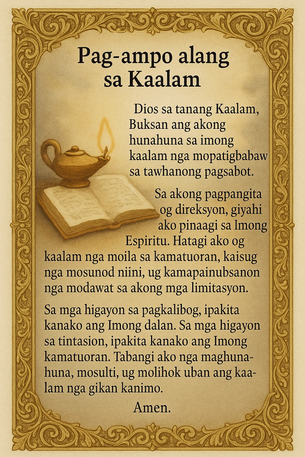 Bisaya prayer card for wisdom showing symbols of wisdom like an open Bible with a lamp and the prayer text in Cebuano language