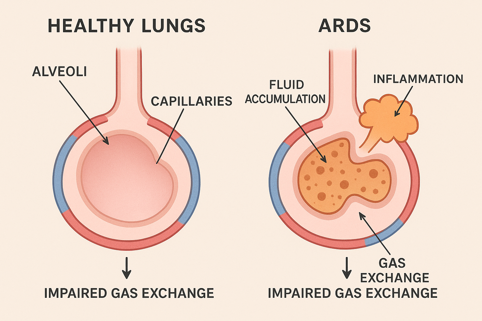 ARDS pathophysiology illustration showing healthy versus diseased lungs