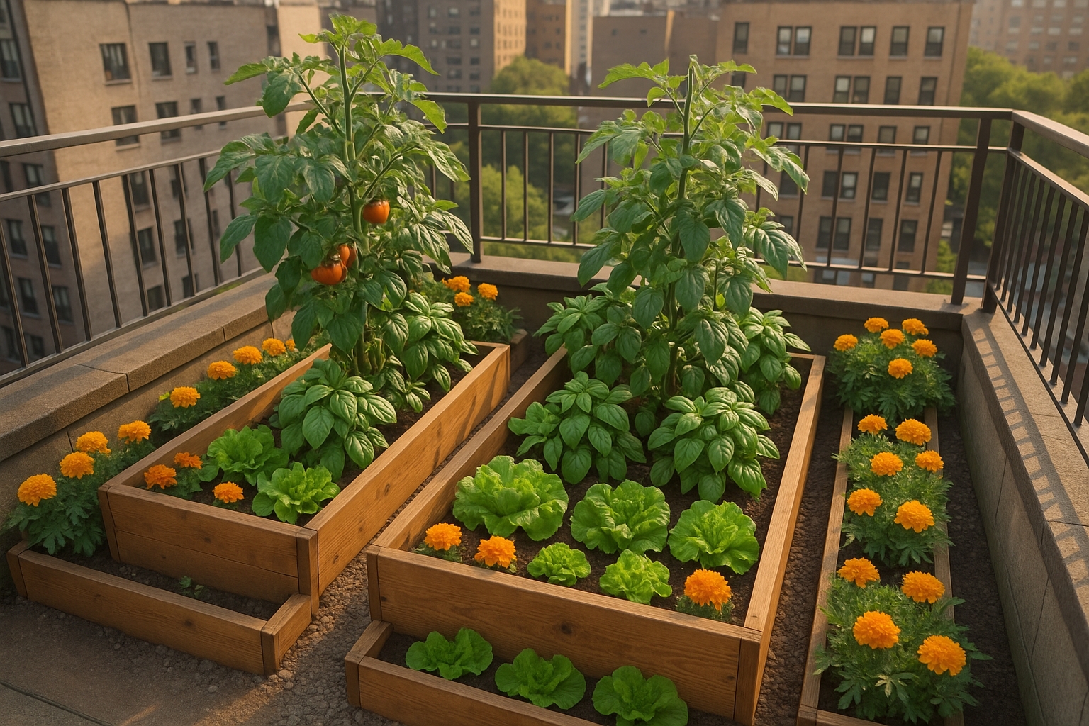 Vue aérienne d'un jardin urbain avec carrés potagers et associations de tomates