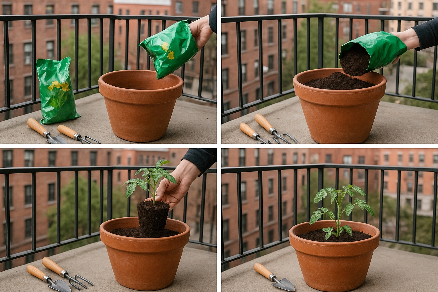 Séquence de plantation d'un plant de tomate en pot sur un balcon urbain, montrant les différentes étapes du processus avec les outils nécessaires