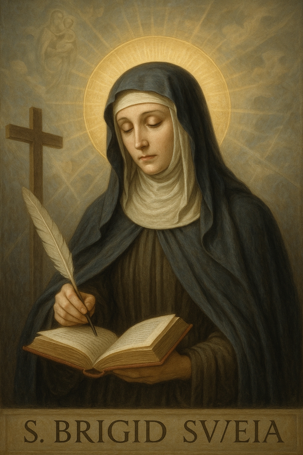 St. Bridget of Sweden portrait with divine light, holding a prayer book