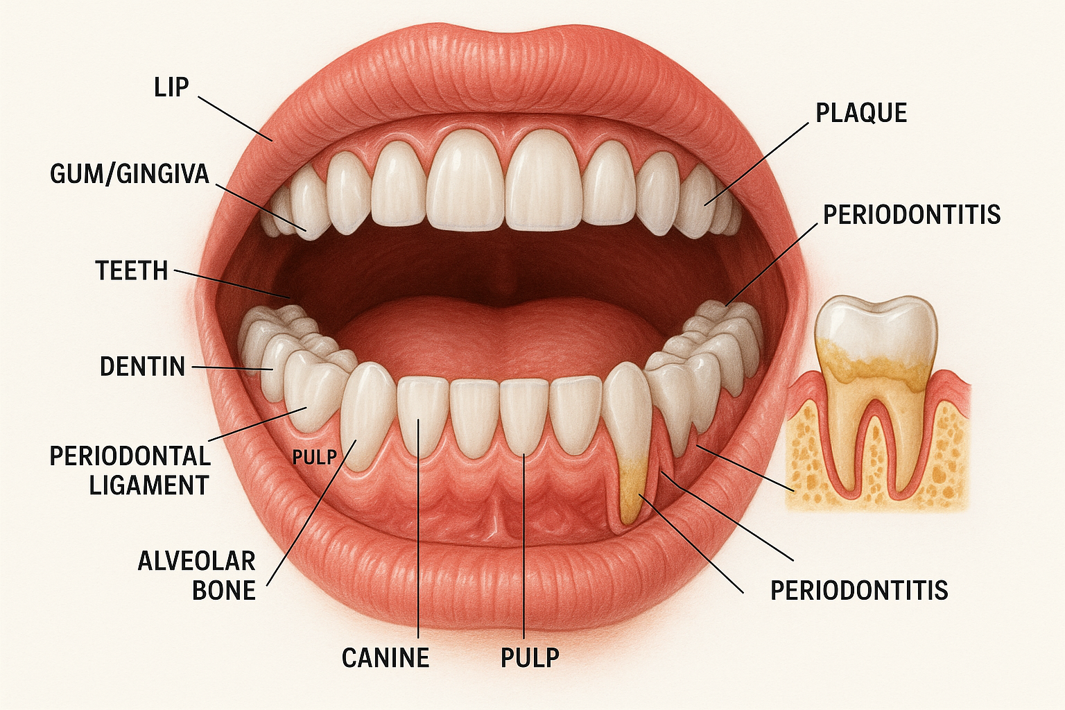 Medical illustration of oral cavity anatomy showing lips, gums, and teeth structures