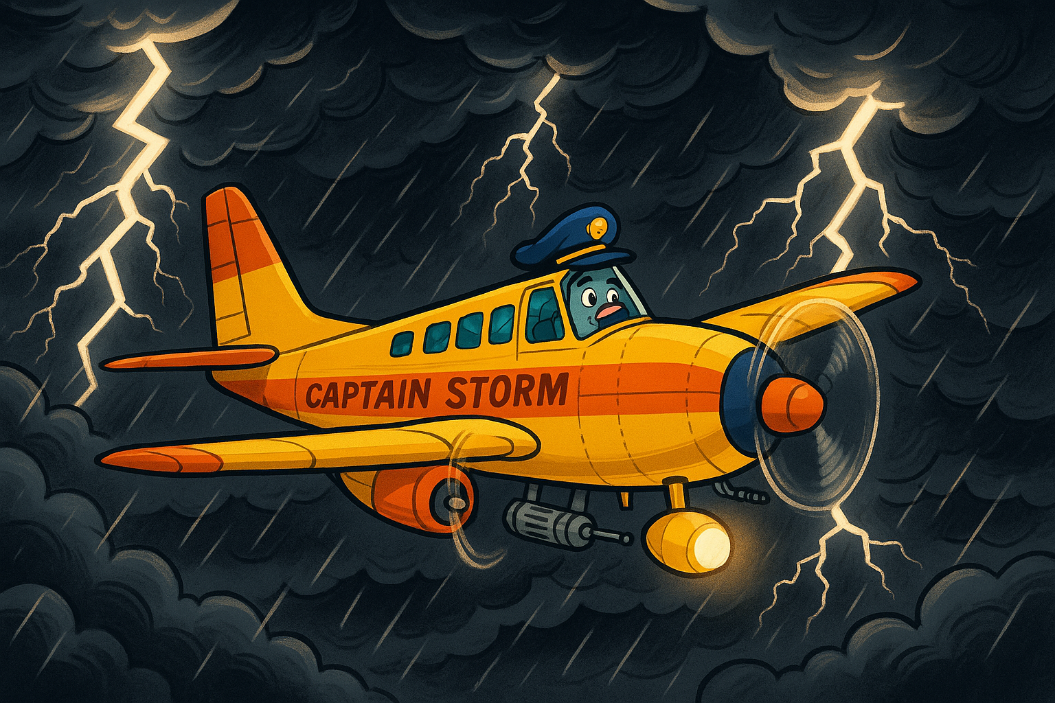 Storm Tracker One flying through dramatic lightning and storm clouds
