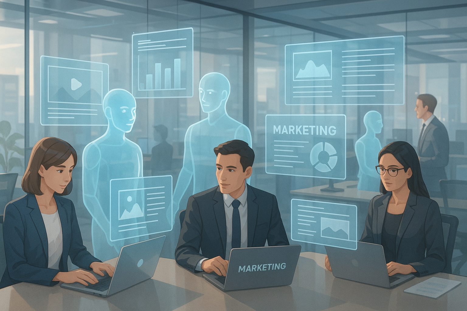 Futuristic office environment with marketing professionals working alongside transparent holographic AI assistants with floating digital content previews