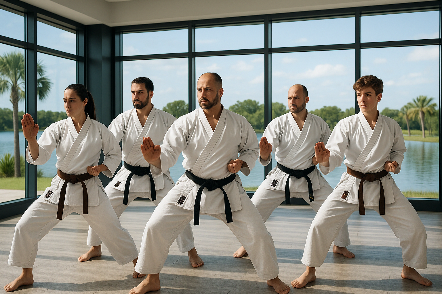 Martial arts students practicing karate in Groveland FL dojo with lake view - South Lake Karate Academy