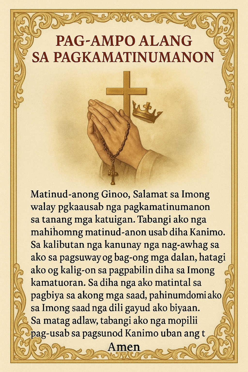 Bisaya prayer card for faithfulness showing hands holding a rosary and the prayer text in Cebuano language