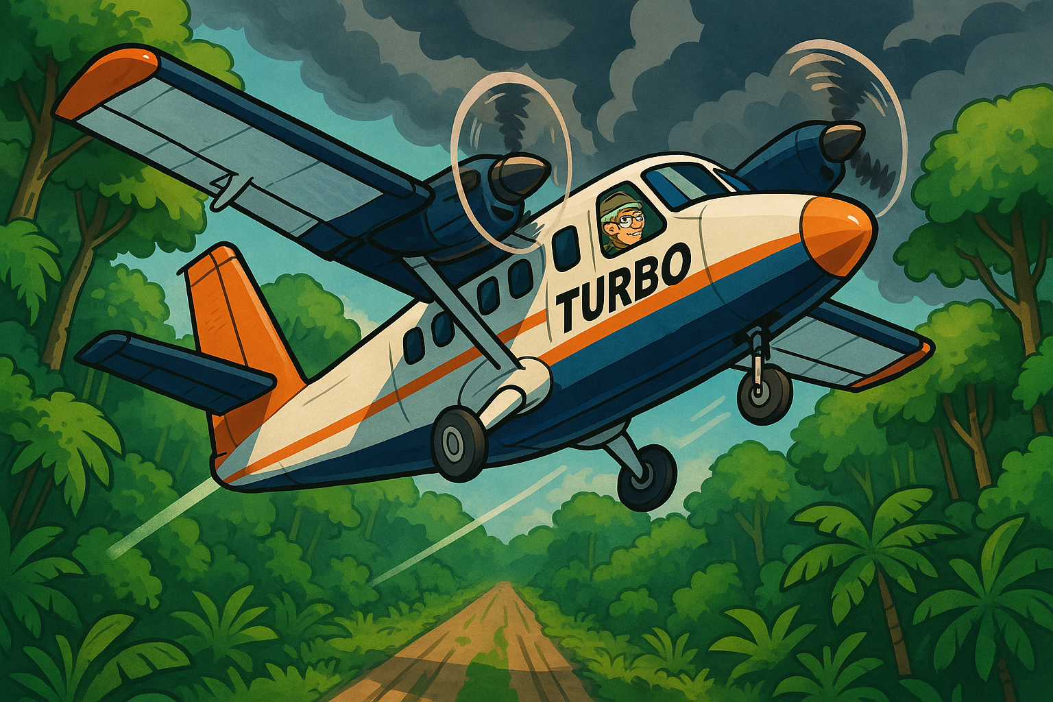 Turbo performing dramatic STOL takeoff from tiny jungle strip