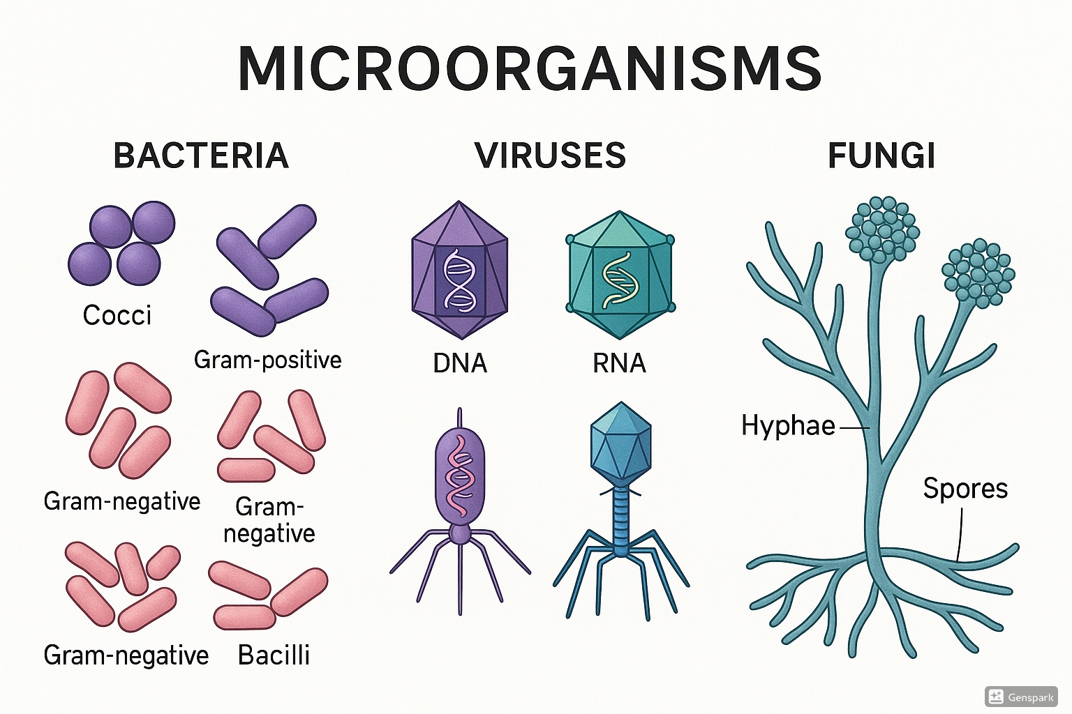 Educational illustration of different types of microorganisms