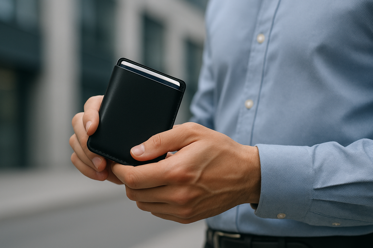 Professional holding slim wallet confidently
