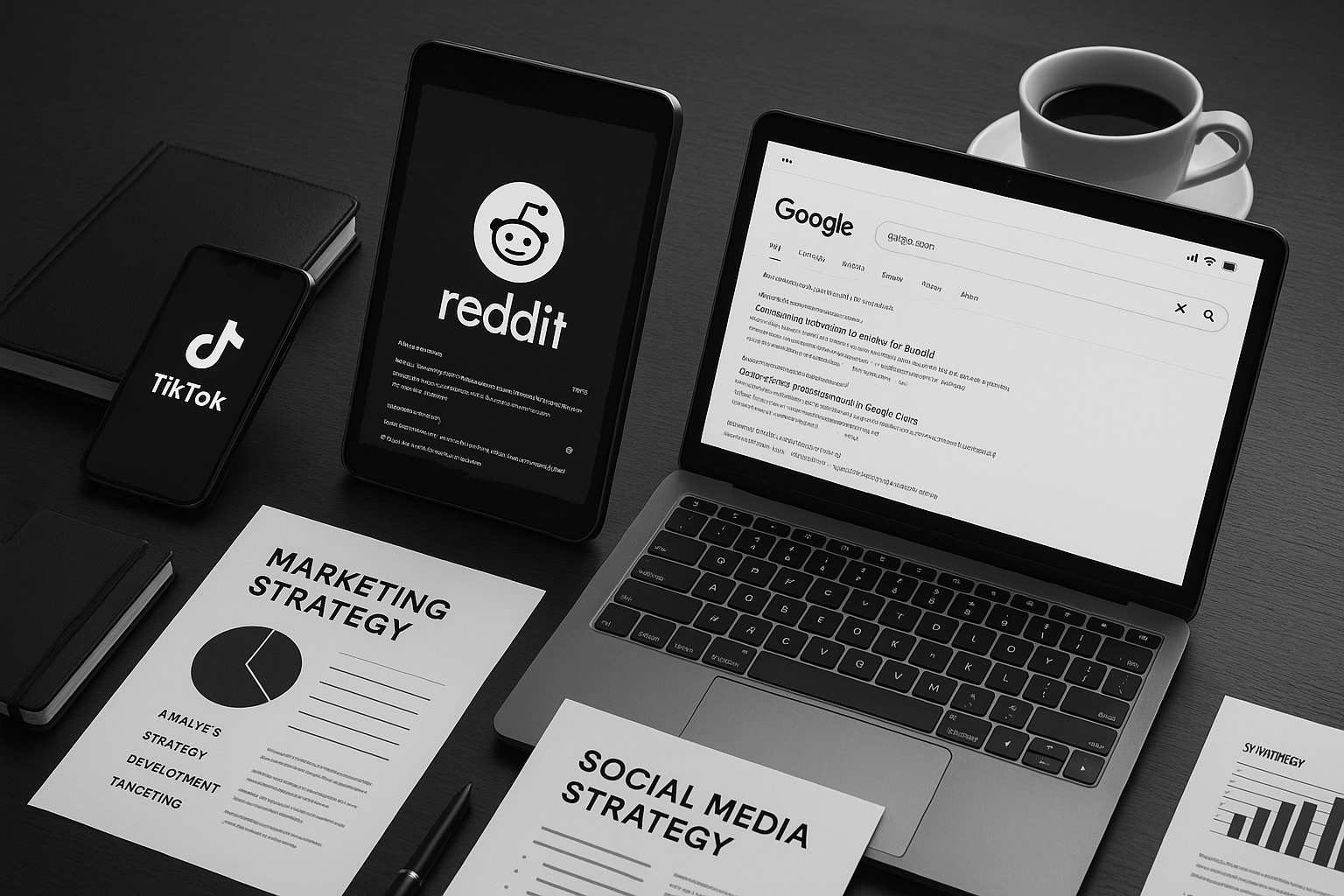 Search everywhere optimization - sophisticated workspace showing multiple devices with TikTok, Reddit, and Google platforms representing multi-platform marketing strategy