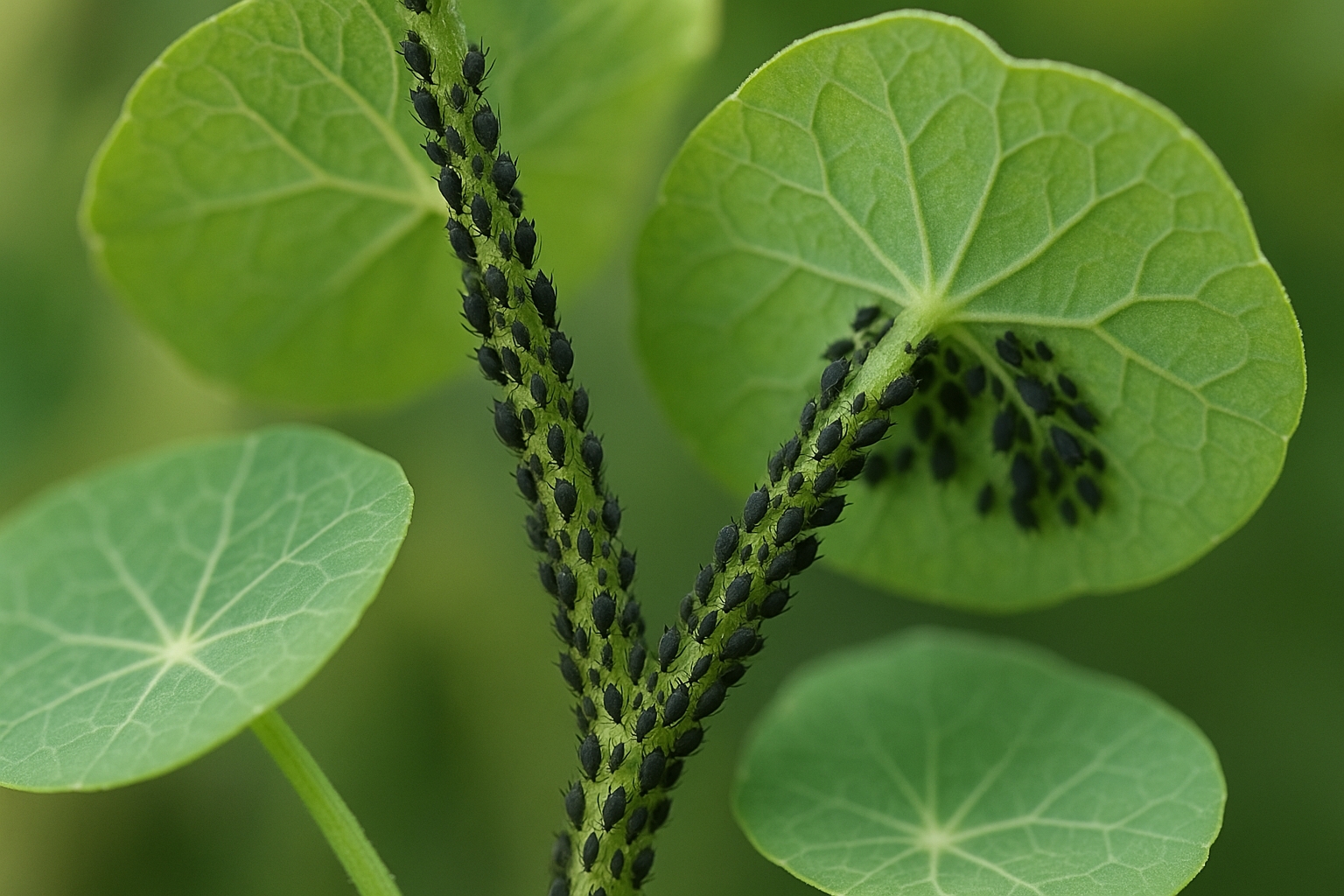 Gros plan sur des pucerons sur tige de capucine