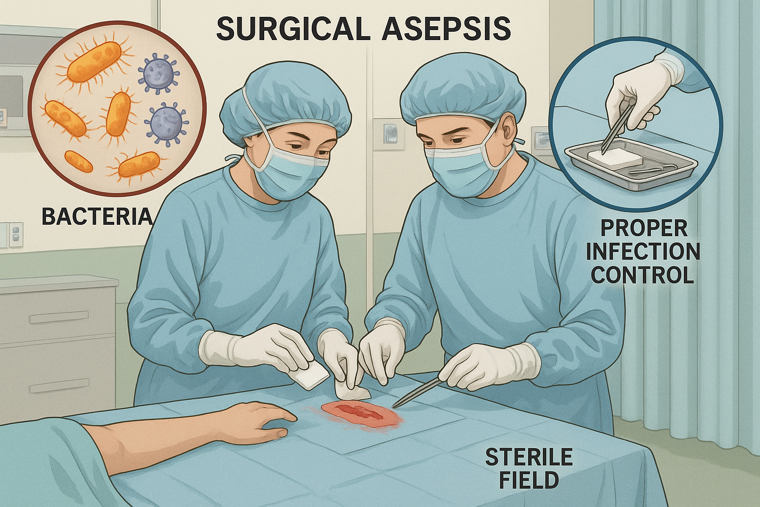 Medical illustration of surgical asepsis and infection control