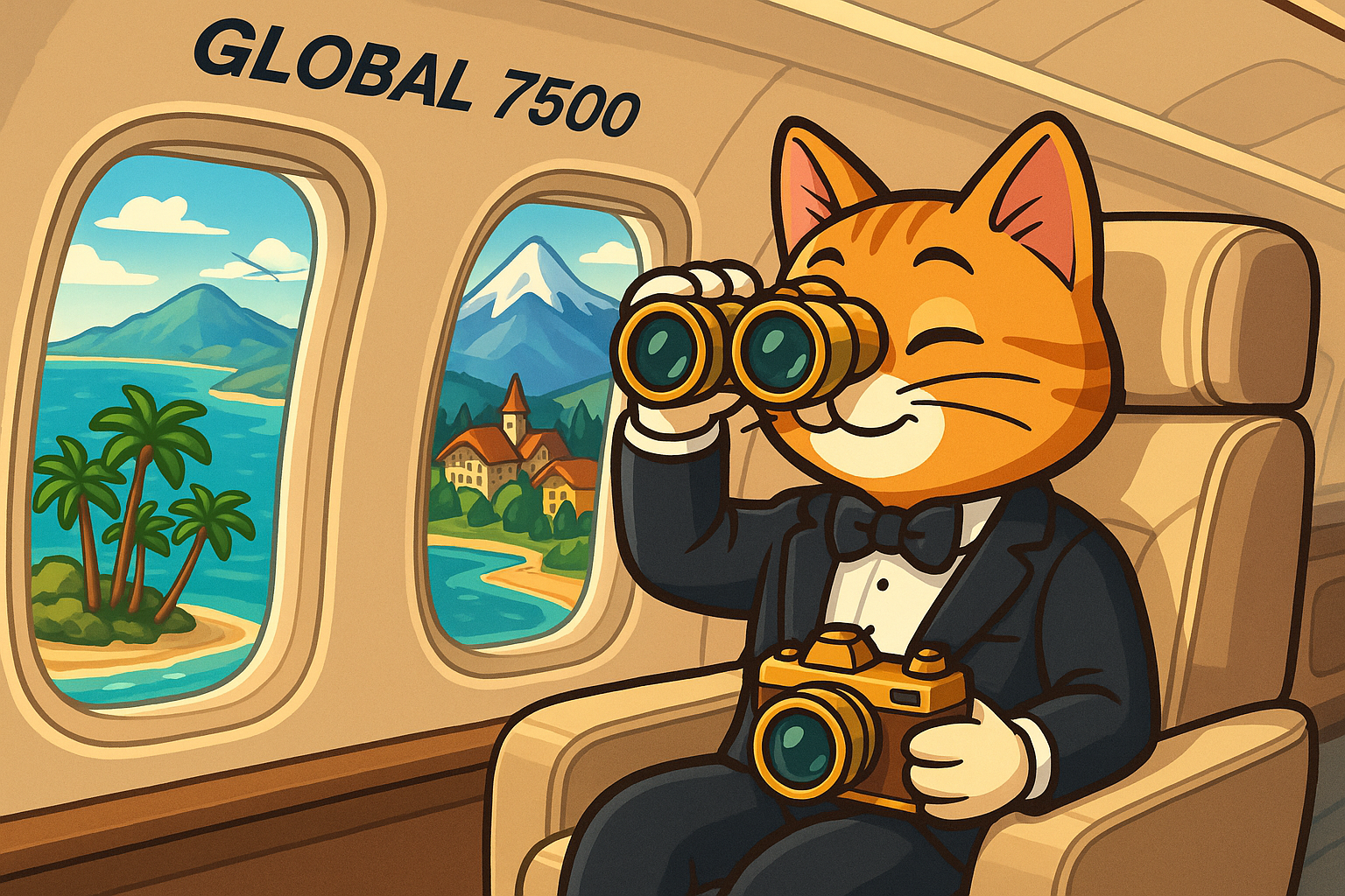 VIP Cat enjoying scenic views from Global 7500 panoramic windows